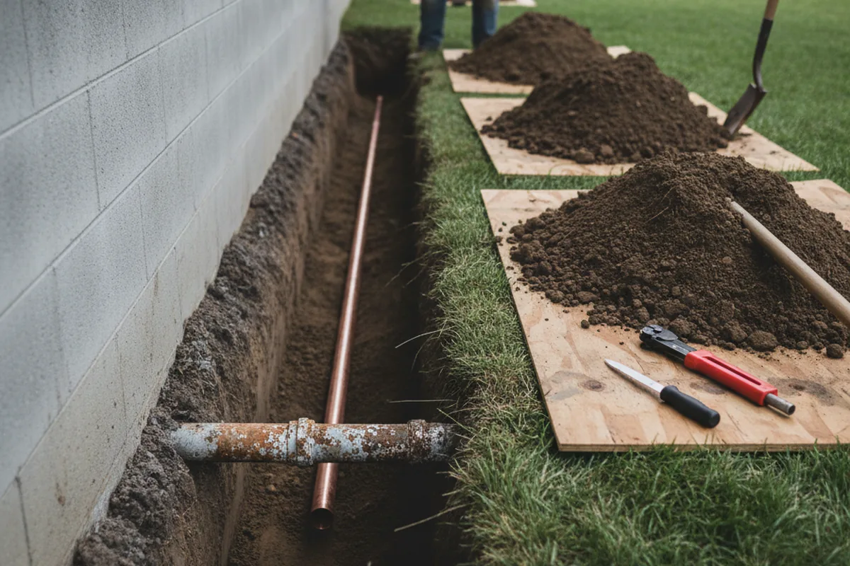 Excavated water line trench during Sewer Line Repair in Tipton